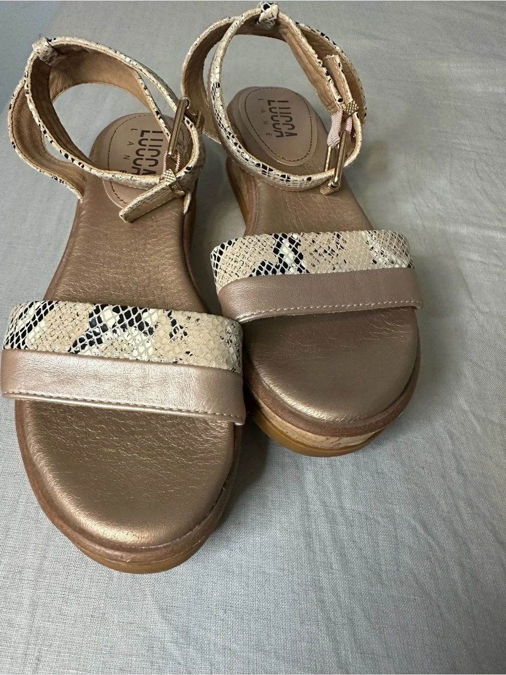 Lucca Lane Karel Cork Wedge Sandals, Metallic  Taupe & Snake Print Size 7 1/2